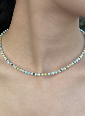 小众高级感巴洛克淡水珍珠项链绿色串珠颈链锁骨链夏日多巴胺