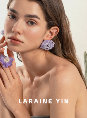 LARAINE YIN手工串珠花朵耳环 浅紫蓝渐变清新甜美少女心耳饰耳夹