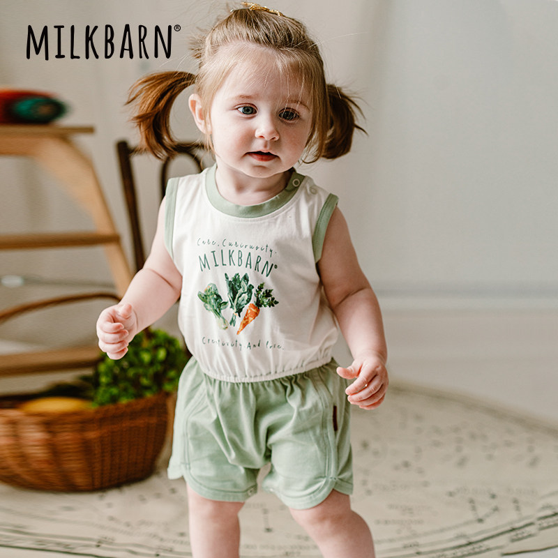 Milkbarn婴儿衣服宝宝拼接短裤连体衣新生儿春夏哈衣爬服