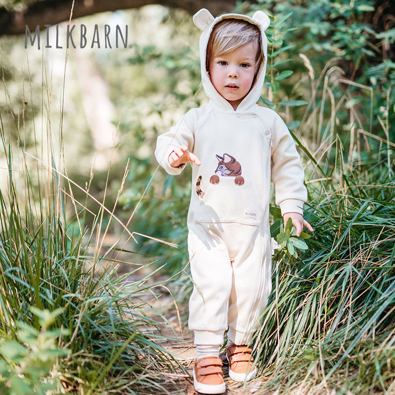 Milkbarn秋季新品婴儿长袖连体衣儿童连帽卫衣宝宝哈衣爬爬服