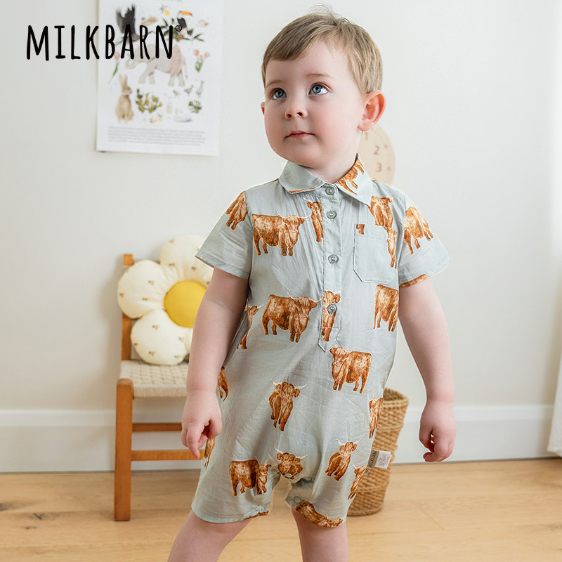 Milkbarn春夏新品婴儿衬衫连体衣服宝宝短袖短裤哈衣纯棉爬服