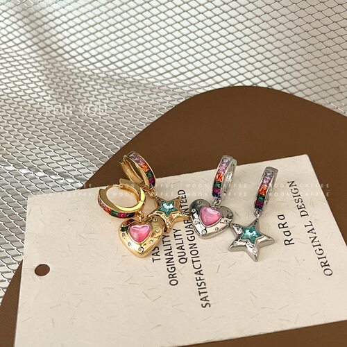 欧美ins时髦复古不对称猫眼石锆石爱心五角星耳圈耳环个性耳饰潮