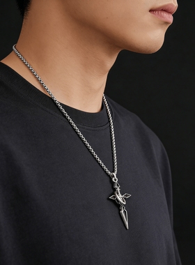 黑色钛钢十字架毛衣链男小众