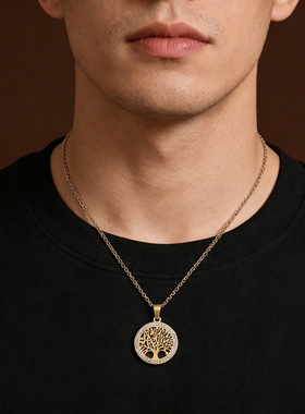 镶钻镂空生命树男士项链小众