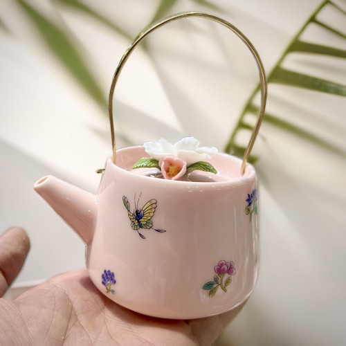 手工捏花粉色提梁壶铜把茶壶蝴蝶家用泡茶器防烫功夫茶具泡茶单壶