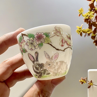 花前月下羊脂玉瓷茶杯主人杯品茗杯功夫茶具家用女士单杯茶碗陶瓷