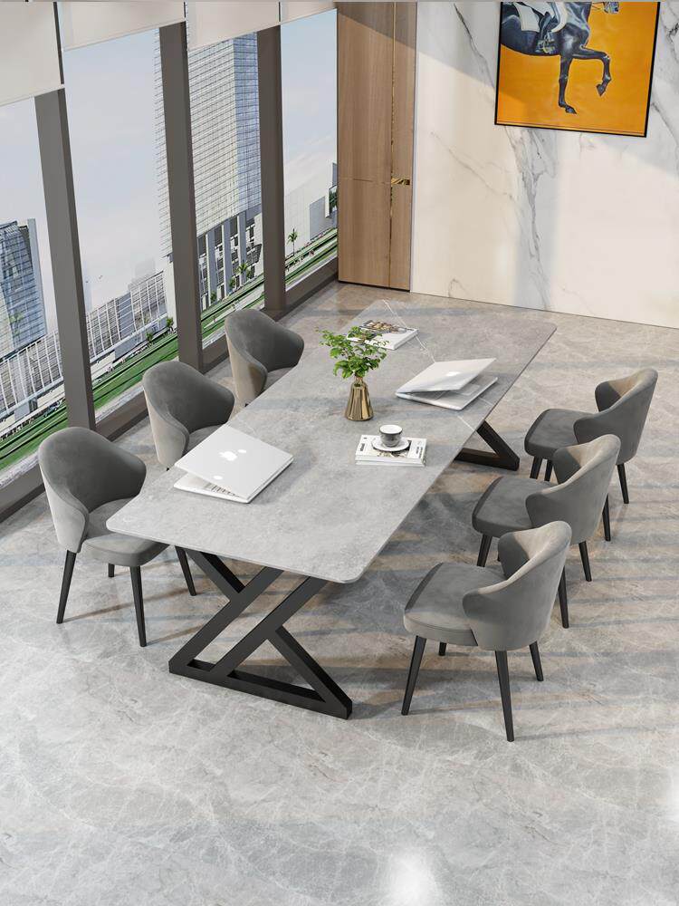 灰色岩板会议桌轻奢大理石2米办公桌长条工作台拼接书桌洽谈桌椅