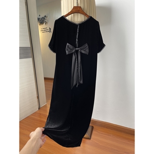 时尚 后背蝴蝶结 减龄宽松遮肚子遮胯真丝丝绒连衣裙夏天垂感长裙