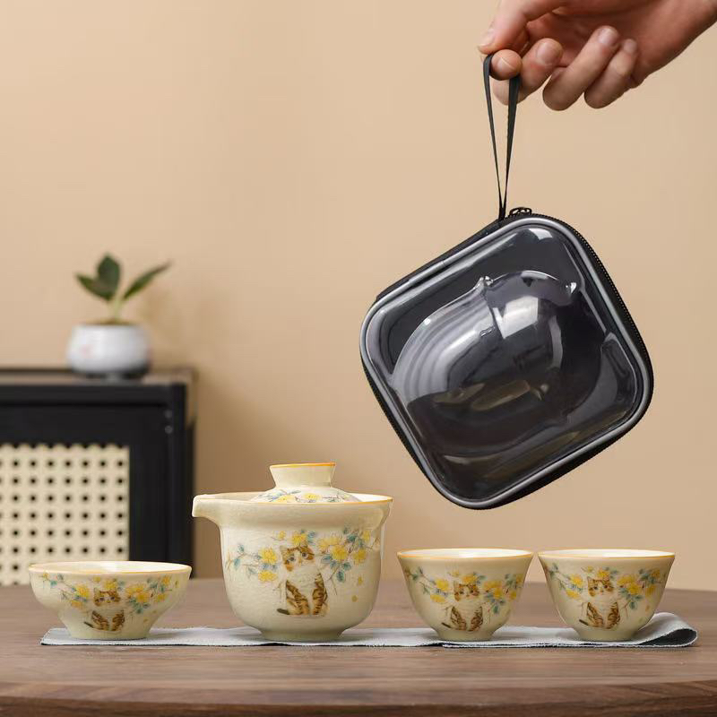 哥窑萌猫手抓壶旅行茶具套装一壶三杯便携式包户外露营泡茶快客杯