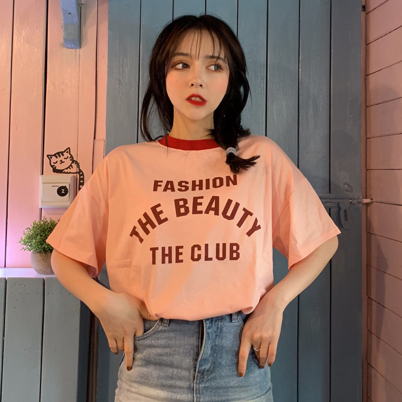 Cherry Blossom powder T-shirt summer new pattern Korean Edition Easy Thin section chic girl FASHION letter Print Topin the Women's clothing/Boutique , T-shirt  category - from Buy2taobao.com to provide professional Taobao agent buy service