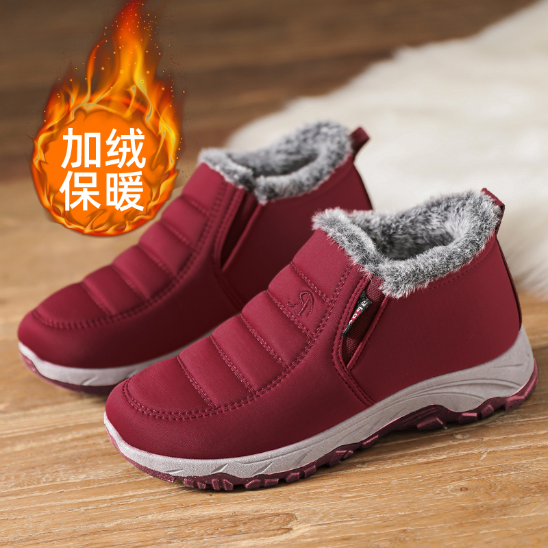 予带冬季老北京布鞋加绒保暖靴子中老年妈妈靴软底轻便一脚蹬布靴