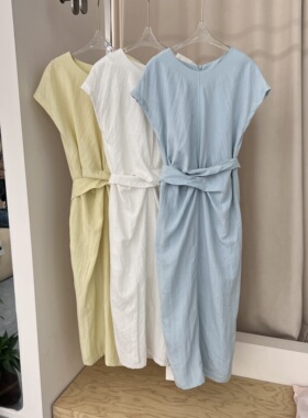 欧货正品法式设计感绑带收腰连衣裙女夏季新款韩系宽松棉麻气质裙