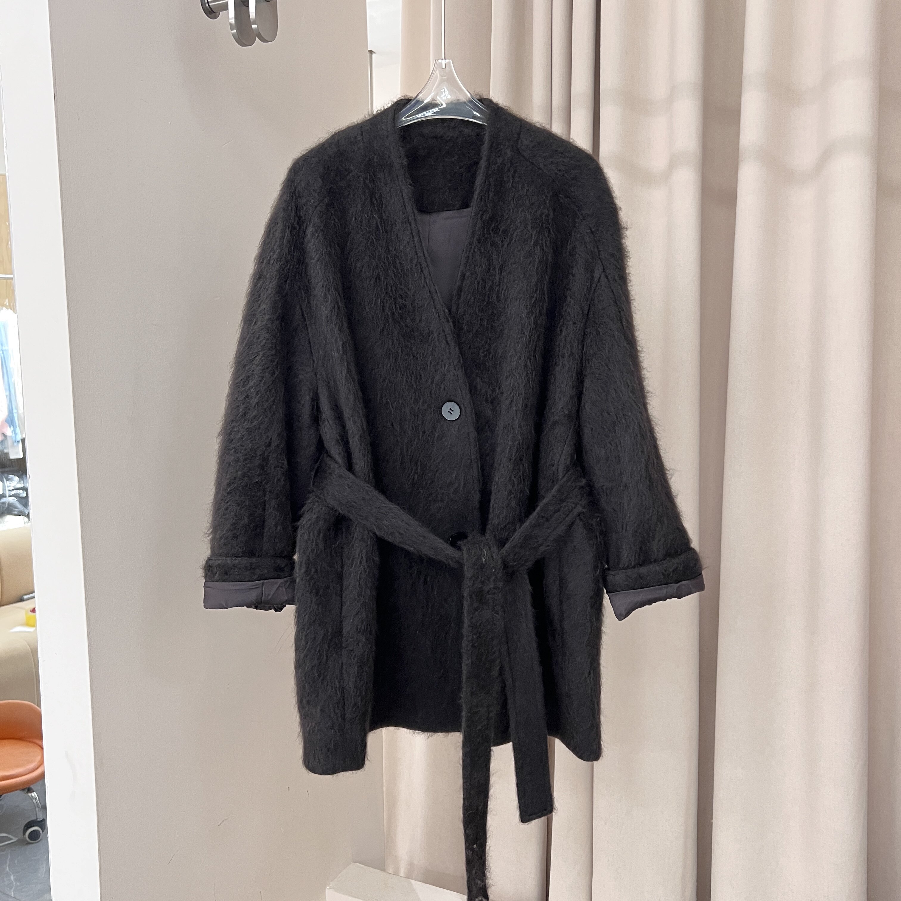 100%牦牛绒~大衣冬女中长款V领系带收腰拉绒毛宽松气质慵懒风外套