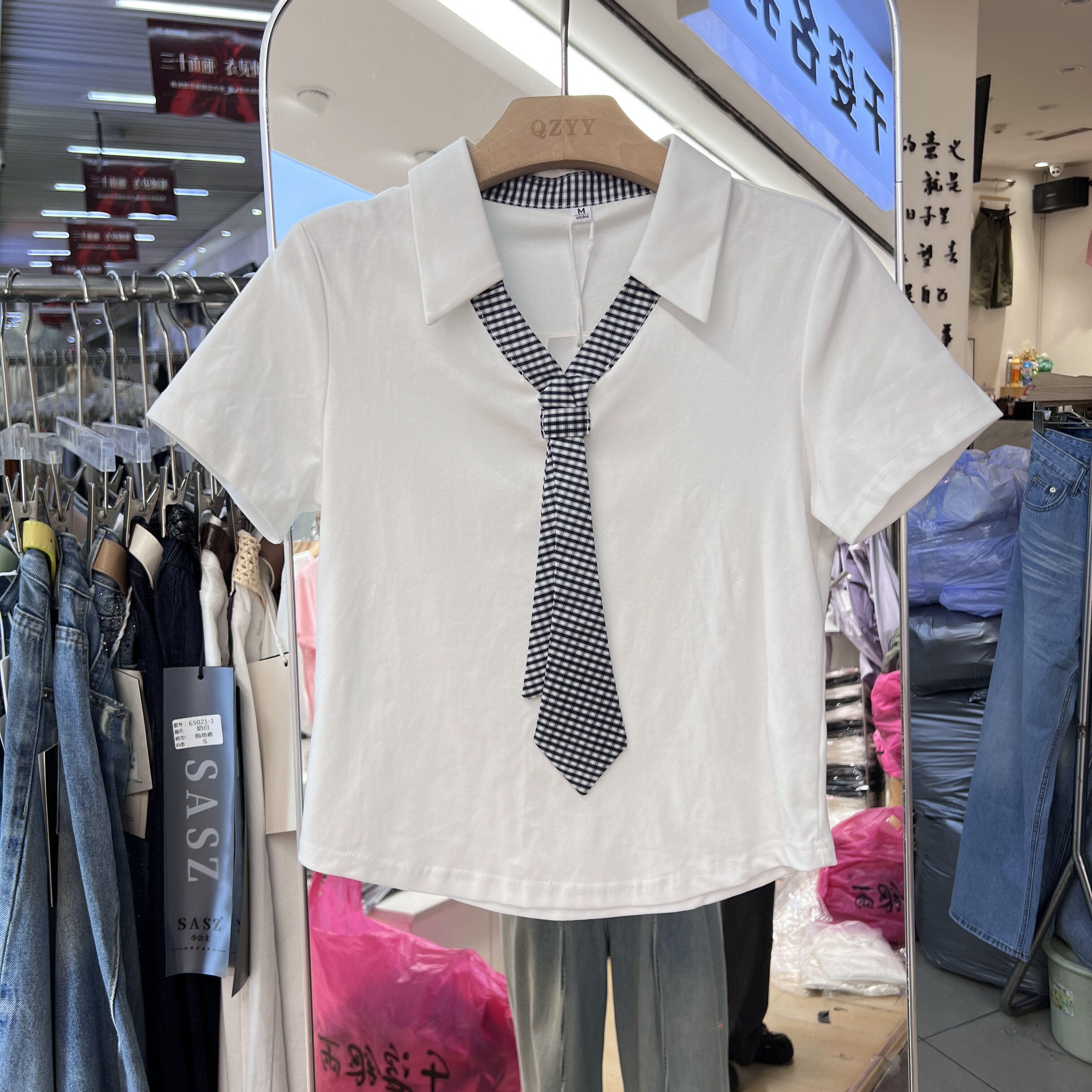 学院风翻领短袖T恤女新款格纹飘带假领带设计宽松显瘦学生党上衣