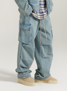 innersect复古美式牛仔裤男女同款宽松双褶休闲长裤情侣款伞兵裤