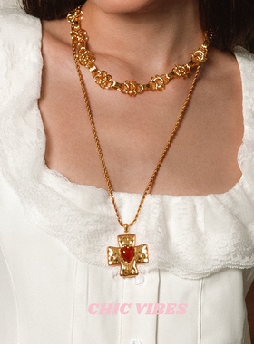 ChicVibes 【辣妹狙击心链】复古红心十字架项链中长款ins项链