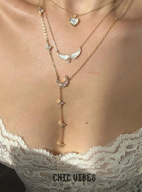 ChicVibes 超百搭~闪钻天使之翼贝母锆石项链日常百搭毛衣链