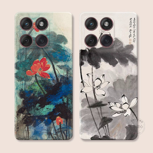 复古荷花适用摩托罗拉edge60pro手机壳50/40/S30/G86G85G84G75G56G55G54油画中国风艺术文艺女款软