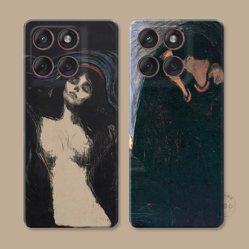 暗黑情侣吻适用摩托罗拉edge60pro手机壳50/40/S30/G86G85G84G75G56G55G54复古丧系男生蒙克油画艺术女款软