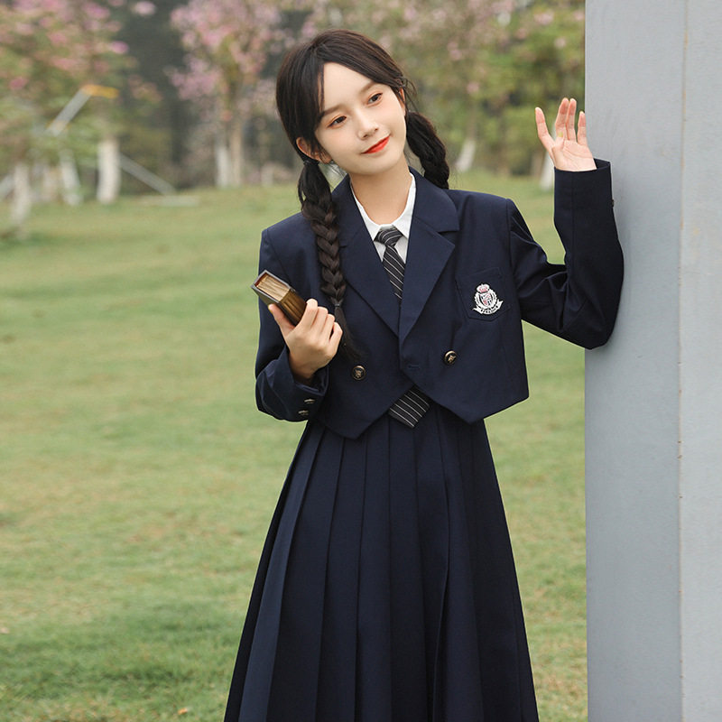 日系学院风藏青色套装女短款西装外套白衬衫吊带百褶连衣裙三件套