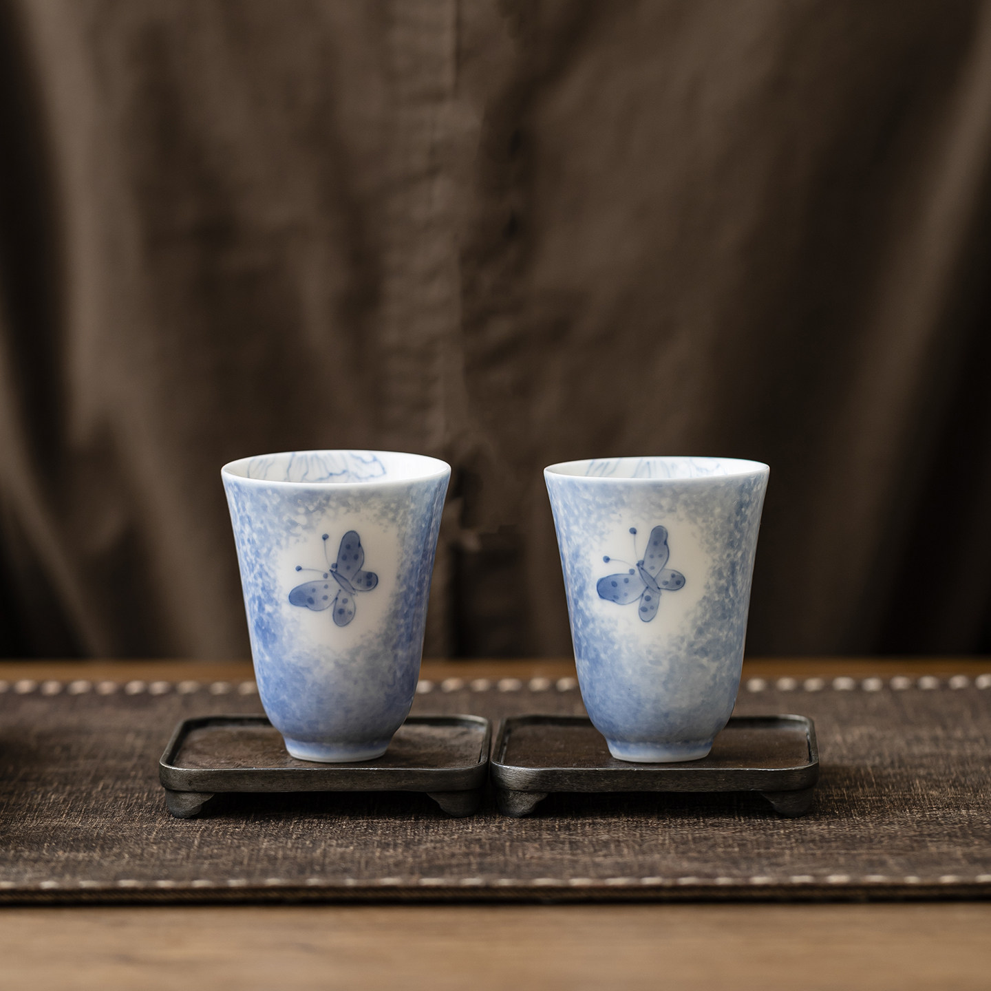 羊脂玉手绘陶瓷茶杯蝴蝶图案蓝色功夫茶具套装品茗杯个人杯