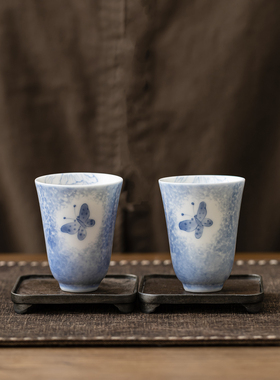 羊脂玉手绘陶瓷茶杯蝴蝶图案蓝色功夫茶具套装品茗杯个人杯
