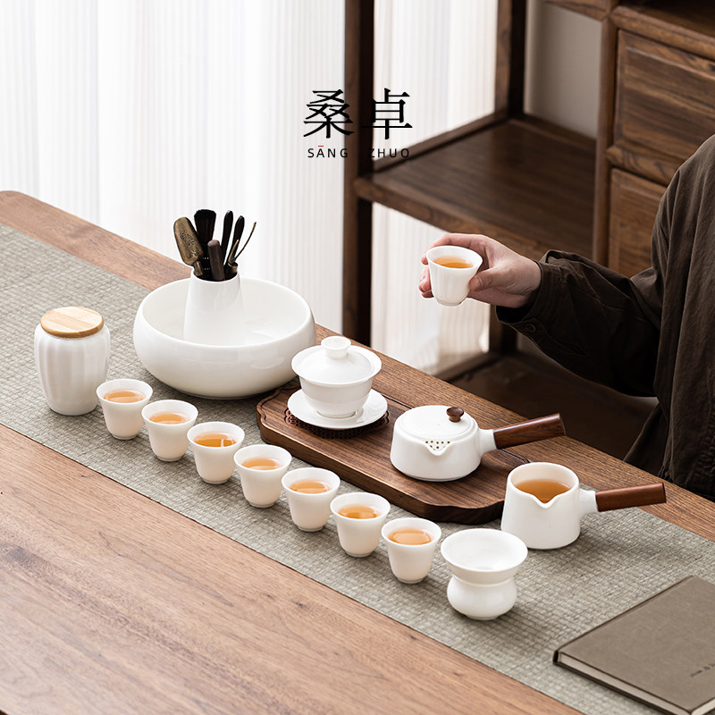 功夫茶具套装羊脂玉家用陶瓷茶杯茶壶盖碗白瓷简约中式双侧把礼盒