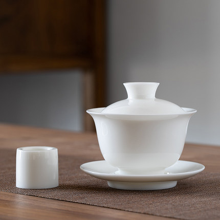 羊脂玉德化白瓷三才盖碗茶杯陶瓷单个茶碗带盖功夫茶具泡茶套装