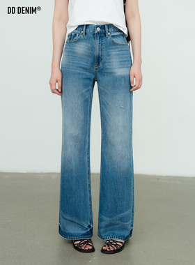 DD「纸片人」2022F洗水复古做旧中高腰微喇阔腿牛仔裤女夏季薄款