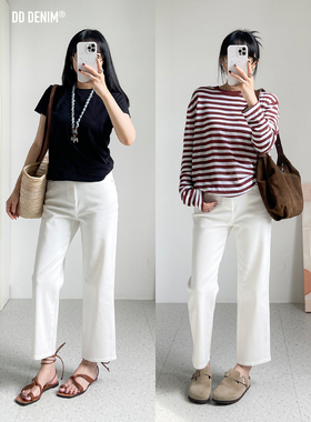 DD「经典小白裤」夏季薄款高腰弹力白色直筒牛仔裤女烟管九分裤