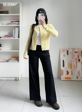 DD「天生直腿」法式版 冬季弹力阔腿黑灰色牛仔裤女显瘦直筒裤