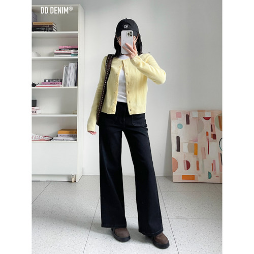 DD「天生直腿」法式版 冬季弹力阔腿黑灰色牛仔裤女显瘦直筒裤