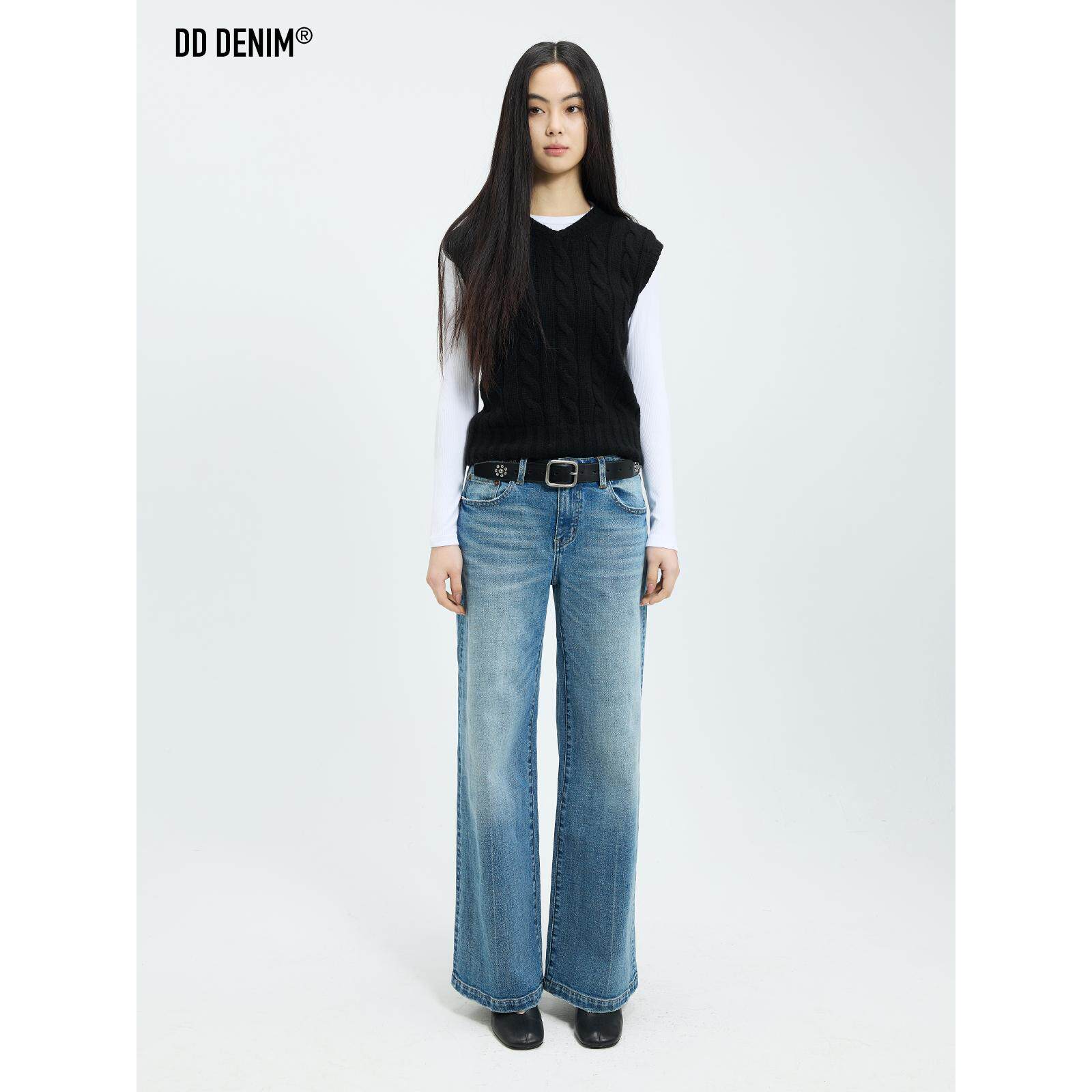 DD「Back to 90s」复古低腰竹节浅蓝阔腿裤猫须牛仔裤女春夏长裤