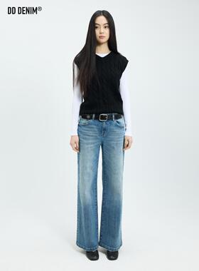 DD「Back to 90s」复古低腰竹节浅蓝阔腿裤猫须牛仔裤女春夏长裤