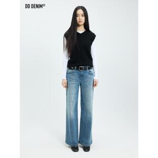 女春夏长裤 DD「Back 猫须牛仔裤 90s」复古低腰竹节浅蓝阔腿裤