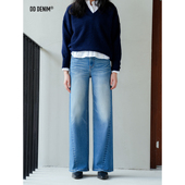 DD「天生直腿」系列 扭缝拼接设计中高腰弹力显瘦直筒阔腿牛仔裤
