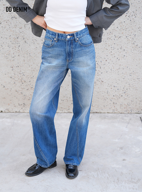 DD「Just a girl」重工不对称环形扭缝拼接设计宽松直筒牛仔长裤