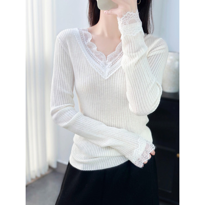 蕾丝拼接坑条羊毛针织衫
