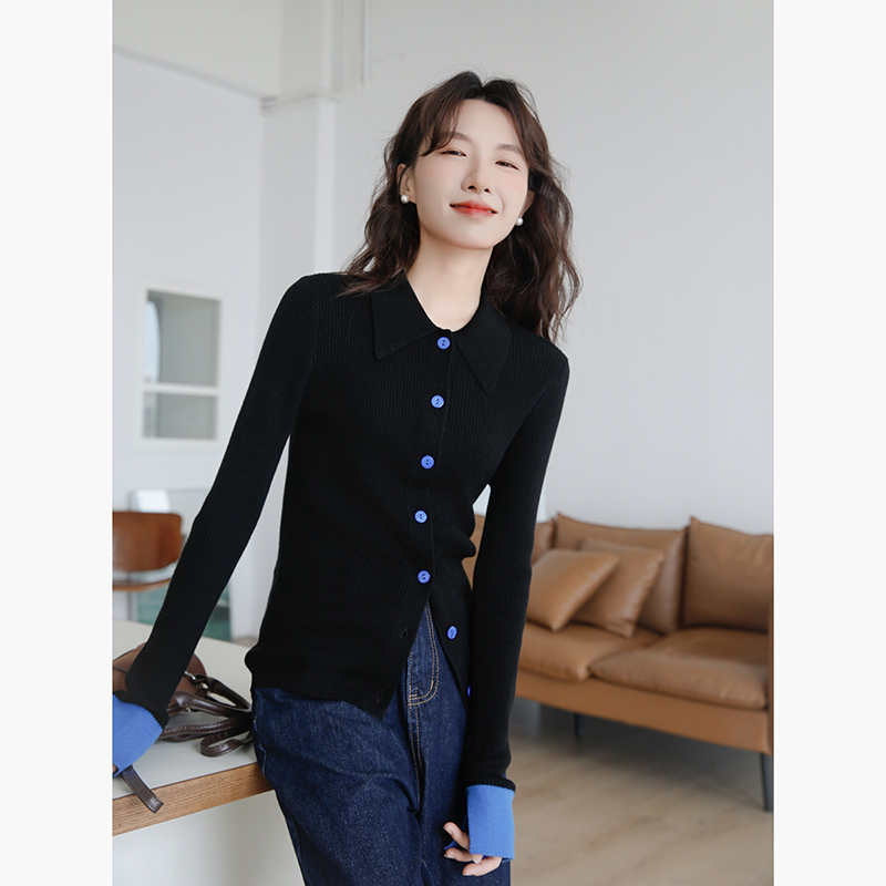 炫蓝拼接长袖POLO领针织开衫