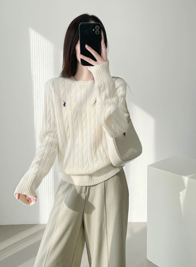 小马刺绣白色毛衣女款2025新款秋冬内搭可外穿麻花圆领羊毛打底衫