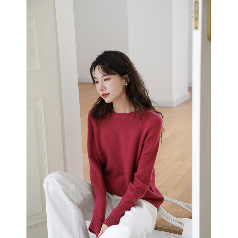梅子色毛衣女款2026新款秋冬季宽松圆领内搭上衣绵羊毛打底衫