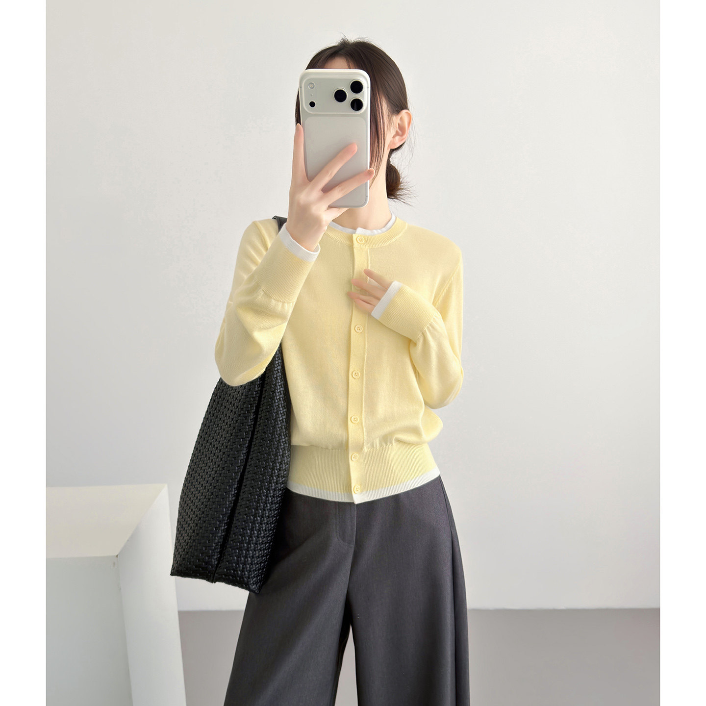 黄色假两件针织开衫女短款2026早春新款韩系撞色可机洗上衣外套