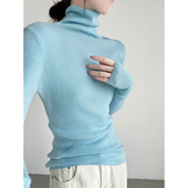 内搭修身 蓝色堆堆领羊毛衫 女100纯羊毛针织衫 显瘦高领打底毛衣冬