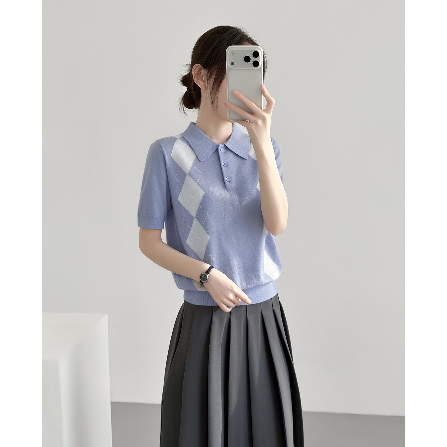 蓝色POLO领针织衫女2026早春新款韩版宽松学院风菱格短袖T恤上衣