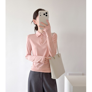 粉色POLO领长袖t恤女款2026新款高级感显瘦打底衫正肩翻领上衣秋