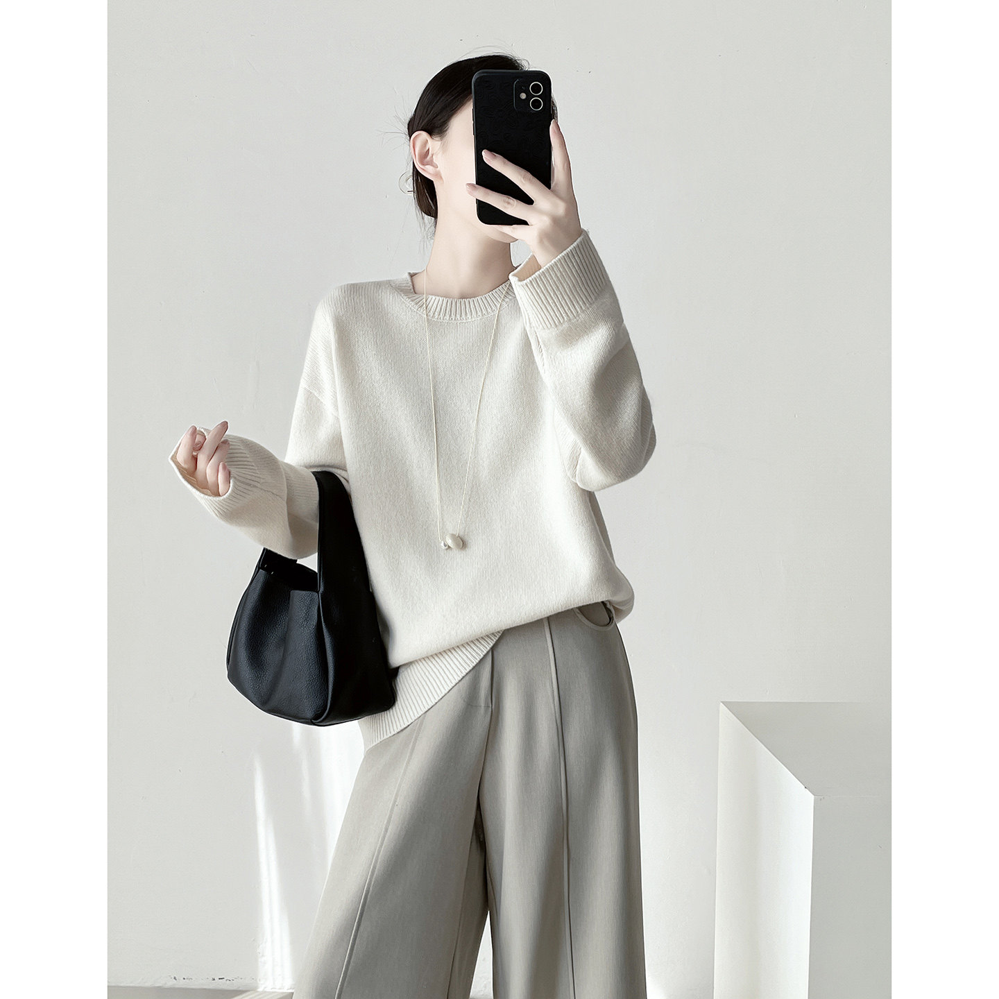 女士白色圆领毛衣慵懒高级感宽松内搭上衣保暖纯色羊毛羊绒打底衫,女装/女士精品,毛针织衫,淘宝优惠券,粉丝福利购,淘宝优惠卷