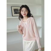 粉色连帽针织衫 chic韩系上衣 假两件薄款 女2025新款 春秋亚麻打底衫
