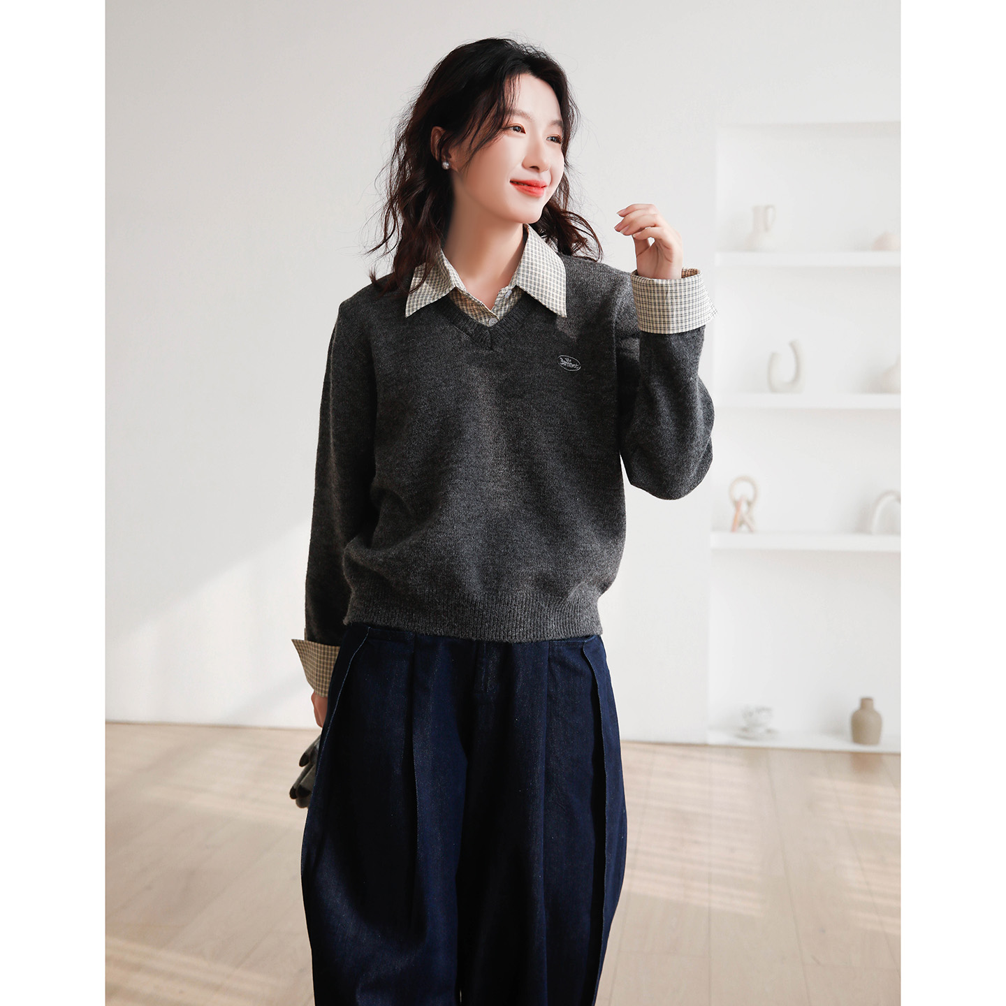 慵懒宽松POLO领假两件针织衫