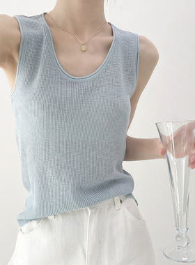 浅蓝色亚麻冰丝针织背心女2026新款无袖U领内搭热辣上衣吊带外穿