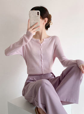 紫色针织开衫女薄款外搭长袖打底衫夏季空调衫小个子正肩短款上衣